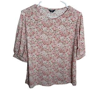 Max Blouse Women's Medium Pink Floral Short Sleeve Printed Round Neck Shirt Top